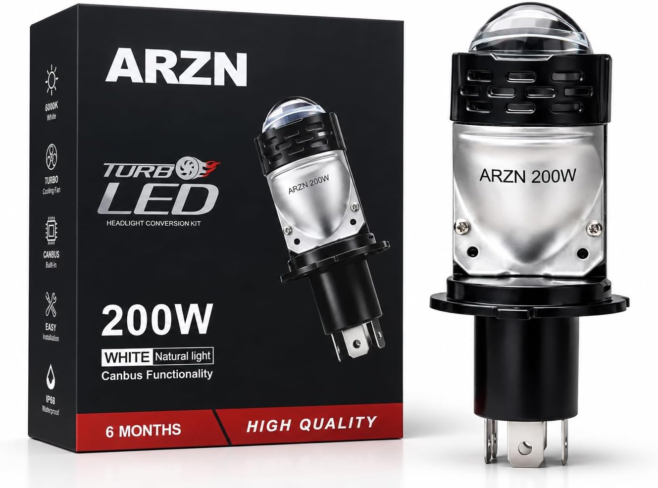 ARZN H4 Projector LED Headlight Bulb 200W - Ultra Bright 6000K White Focused Beam Anti-Glare for Car Motorcycle Bike