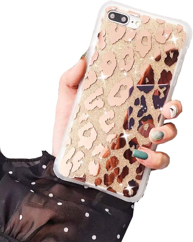 Leopard Case Compatible with iPhone 8 Plus and iPhone 7 Plus,Shiny Rose Gold Glitter Case Ultra Thin Luxury Sparkle Bling Phone Case Hard Back + Soft Silicone Side Cover 5.5 inch