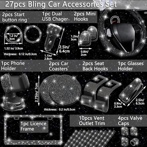 Image of NBTEPEM 27 PCs Black Bling Car Accessories Set for Women, Steering Wheel Covers Universal Fit 15 Inch, Bling License Plate Frame, Bling Phone Holder, Bling Car Coasters (Black Diamond)
