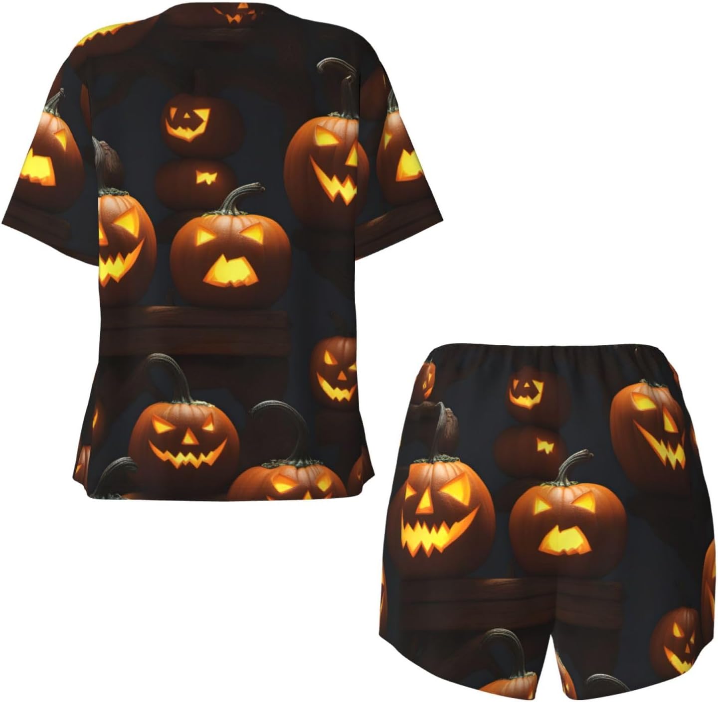 Halloween Pumpkin Print Short Sleeve Pajama Set,Soft Comfy Pjs For Women,Perfect For Sleep And Loungewear