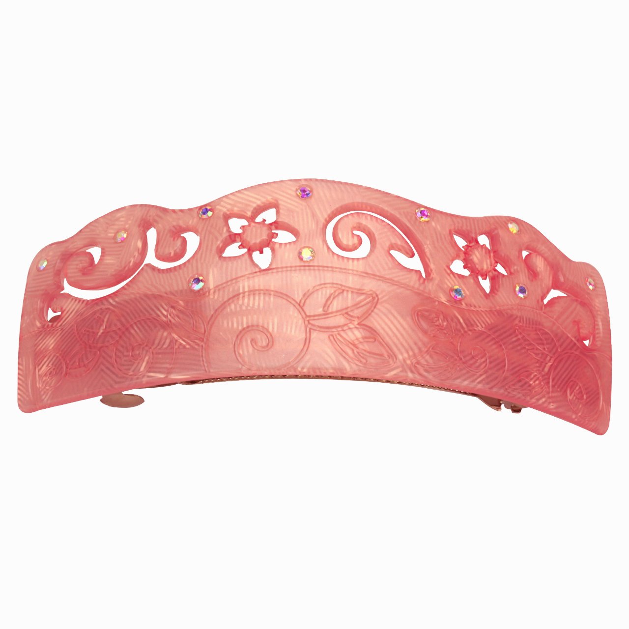 Vine Flower Etched Crystal Rhinestone Hair Barrette - Coral Pink