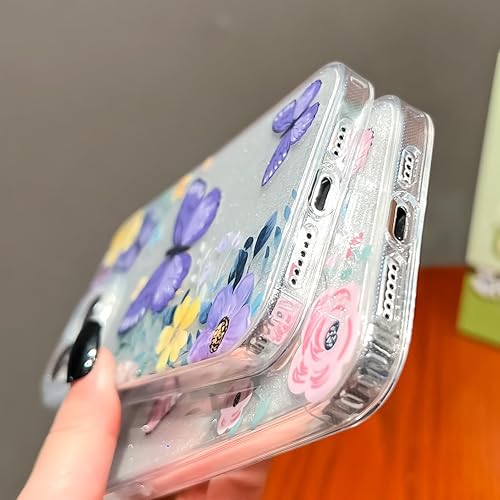 Miniatura 6 de BANAILOA Funda compatible con iPhone 14 Pro Max con diseño de mariposas para mujer, diseño de flores con purpurina de lujo, funda protectora delgada