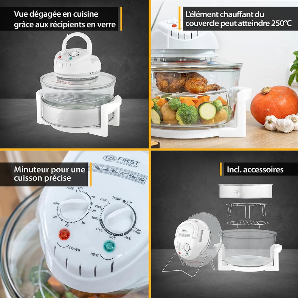 TZS First Austria - Four halogène 1200-1400W en verre et acier inoxydable - Mini four avec fonction de ventilation et accessoires, température : 65-250°C - Four capacité 12-17L et minuterie 60 min.