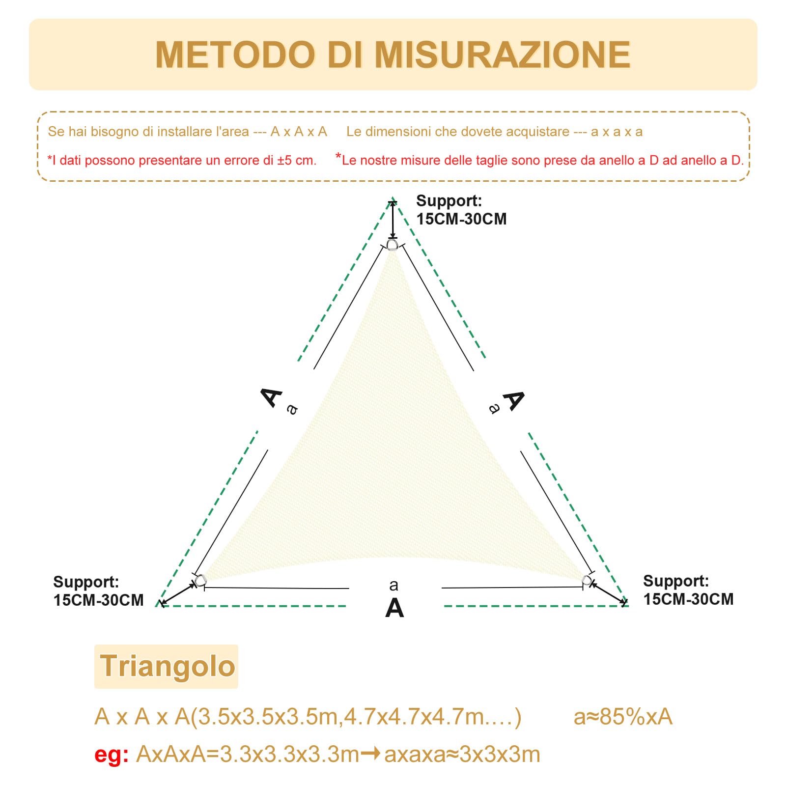 Vela Ombreggiante Triangolare 3x3x3m Impermeabile Tessuto Oxford Protezione UV 95% Beige
