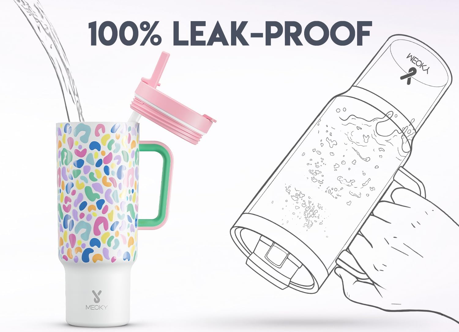 Meoky 40 oz Tumbler with Handle and Flip Straw, 100% Leakproof Tumbler with Lid and Straw, Stainless Steel Insulated Cup, Cupholder Friendly, Keeps Cold for 34 Hours (Leopard) - Image 3