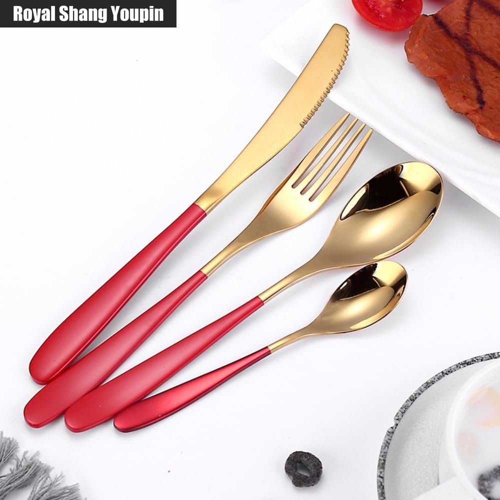 Manico Ispessente Cucina Posate in Acciaio Inossidabile Stoviglie Posate Set Di Posate Coltello Da Bistecca Forchetta Cucchiaio Cucchiaino (Verde Argento,16 pezzi)