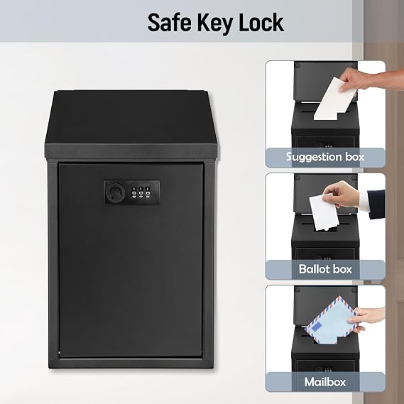 Secure Wall-Mounted Mailbox for Outside, Rust-Proof Steel Postbox with 3 Sets Numbers, Combination Locking Donation/Suggestion Box, Collection Box with Drop Slot for Home, Office, Business