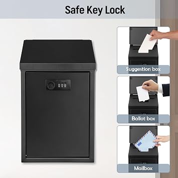 Secure Wall-Mounted Mailbox for Outside, Rust-Proof Steel Postbox with 3 Sets Numbers, Combination Locking Donation/Suggestion Box, Collection Box with Drop Slot for Home, Office, Business
