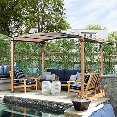 Joyside 13.5'x8.5' Outdoor Arched Metal Pergola with Natural Wood Looking - Outdoor Pergola Gazebo with Textilene Weather-Resistant Canopy and Rust-Resistant Steel Frame