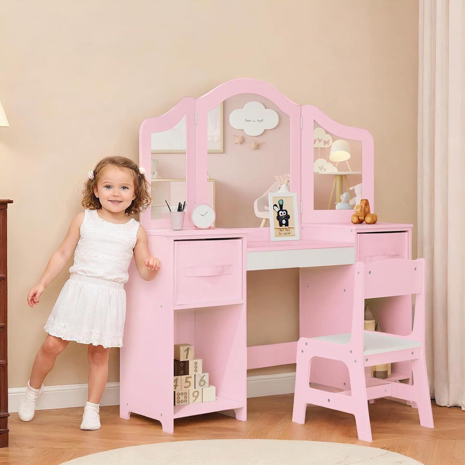Clevich Toeletta per Bambini in Legno, Con Specchio Staccabile, Cassetti in Tessuto e Sedia, Scrivania per Bambini Robusta, Toeletta Trucco 2 in 1 per Bambina per 3 Anni, 108x30x114 cm (Rosa-Bianco)