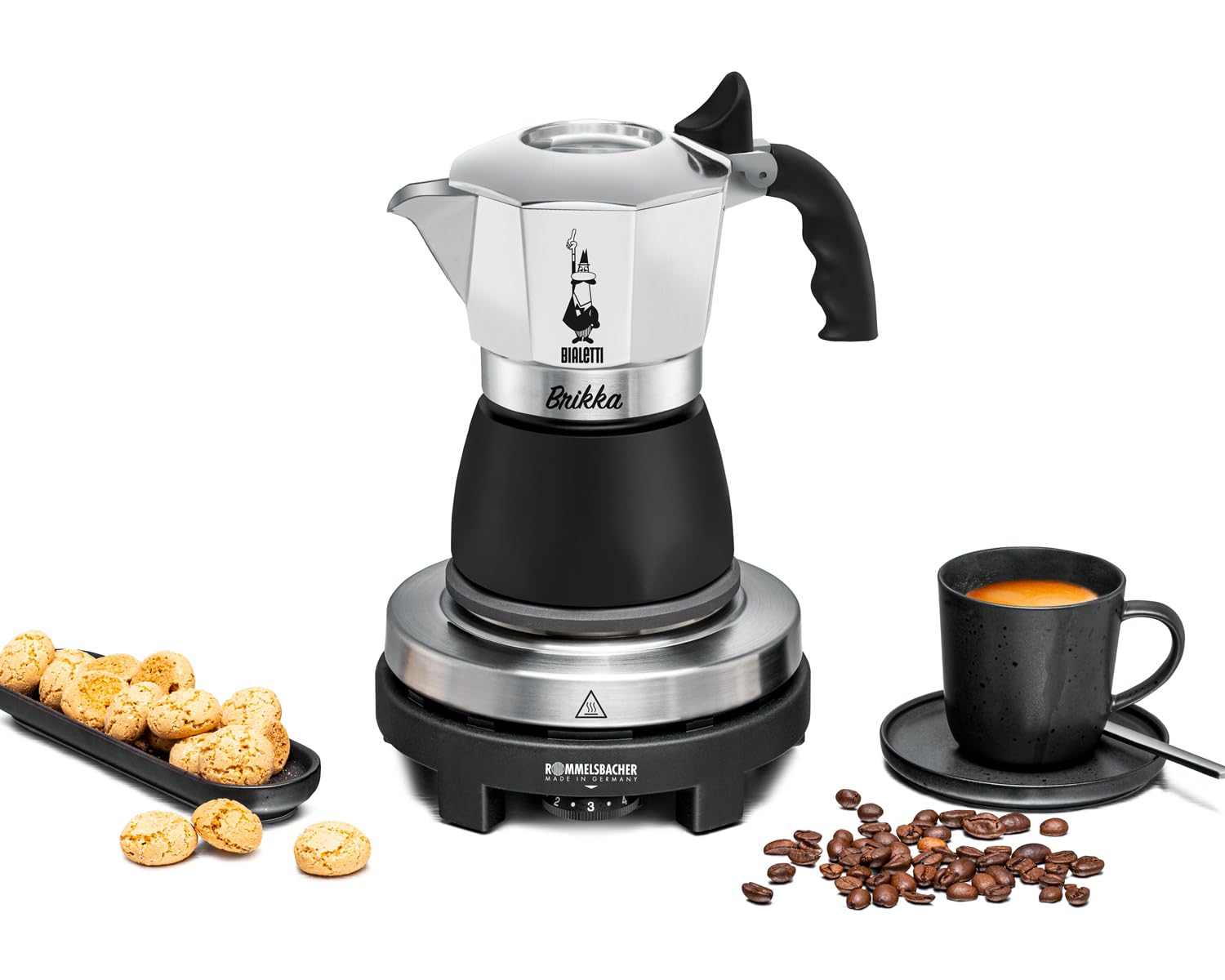 Rommelsbacher Espresso Geschenkset RK 505/K, Mini Kochplatte, 80 mm Ø, stufenlos regelbar, Original Bialetti Moka Kanne, 90 ml, Brühsystem für Crema-Bildung, schwarz/Silber