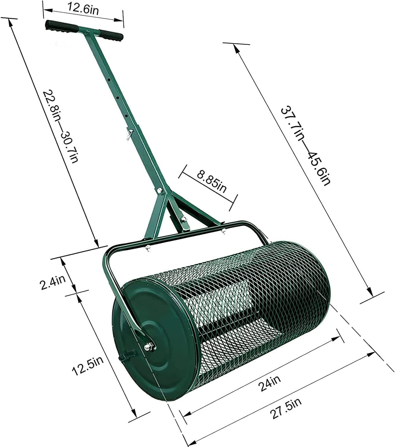 Esparcidor de turba, esparcidor de abono de 24”, esparcidor de turba, esparcidor de abono para césped y jardín con Mango Ajustable en Forma de T para Plantar y sembrar, Verde