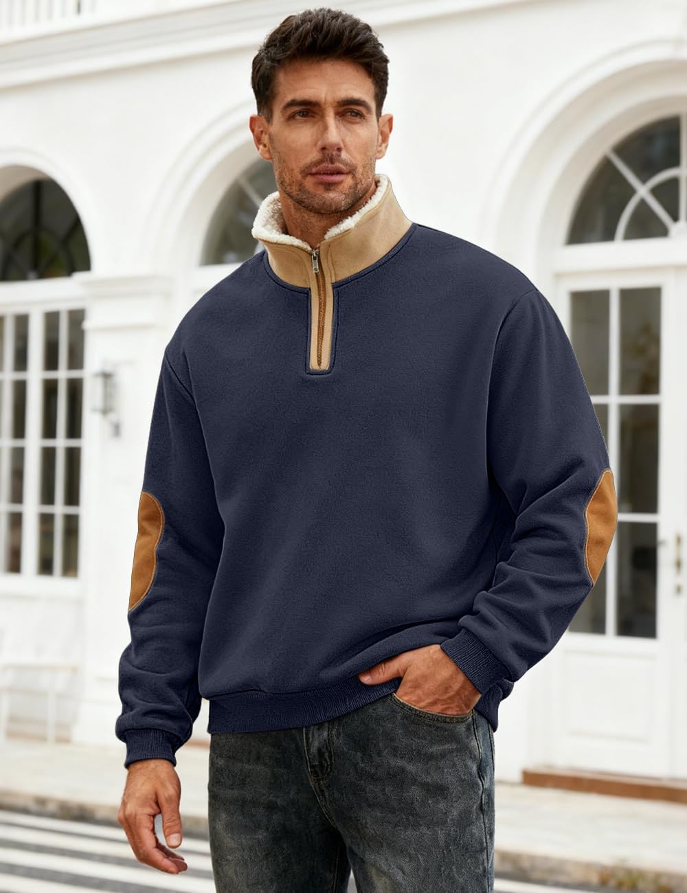 Men's Fleece Sweatshirts Vintage Quarter Zip Pullover shirt Casual Long Sleeve Sweatshirt warm tops - Image 2