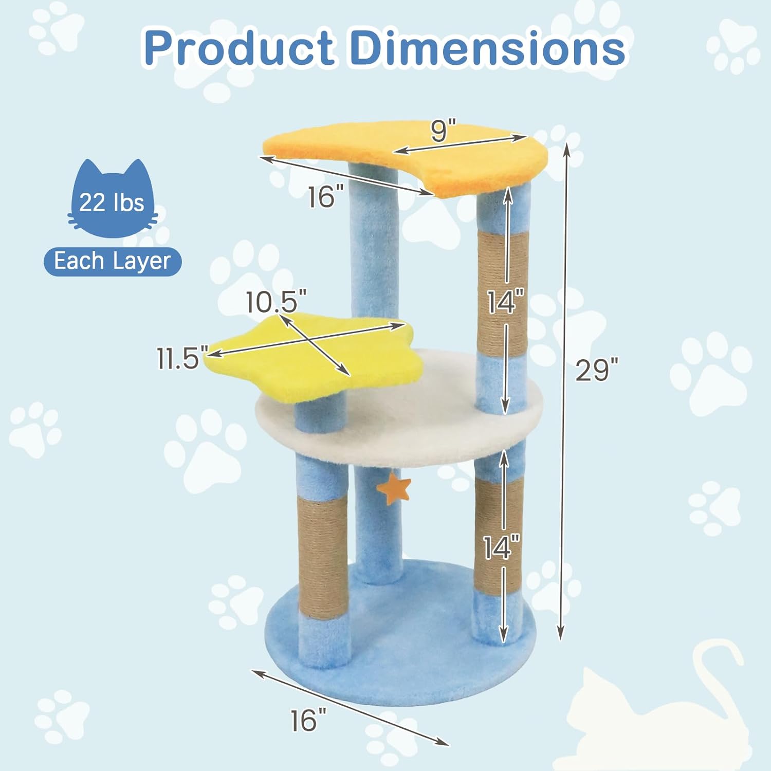 PETSITE 29-inch Cute Cat Tree, Multi-Level Small Cat Tree with Jute Scratching Post, Dangling Toy, Star and Moon-Shaped Perches, Ideal for Indoor Cats (Blue)
