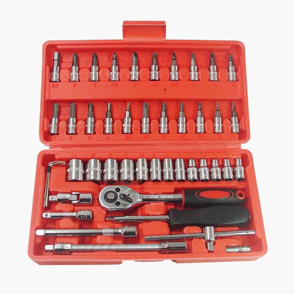 46 Piece Socket Wrench Set, Metric 4-14 mm Ratchet Drive Socket, 1/4 Inch Universal Extension Adapter, Screwdriver Bit Mechanic Tool Kits for Household