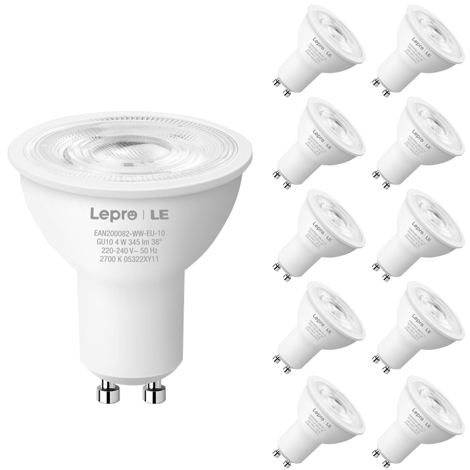 LeproGU10 LED Bulbs, Warm White 2700K, 4W 345lm Energy Saving Light Bulbs, 50W GU10 Halogen Spotlight Bulbs Equivalent, 38° Narrow Beam, No Flickering, Non-dimmable, Pack of 10