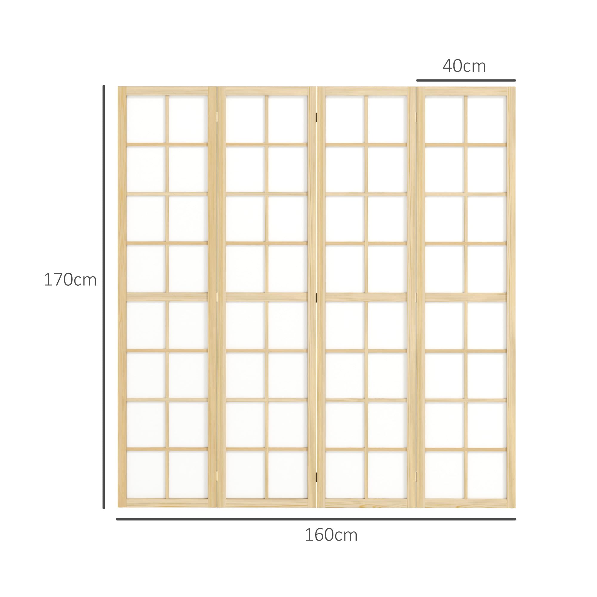 HOMCOM Biombo de 4 Paneles Plegable con Marco de Madera 160x170 cm Natural | Biombo Separador de Ambientes, Pantalla de Privacidad, Dormitorio Oficina Salón