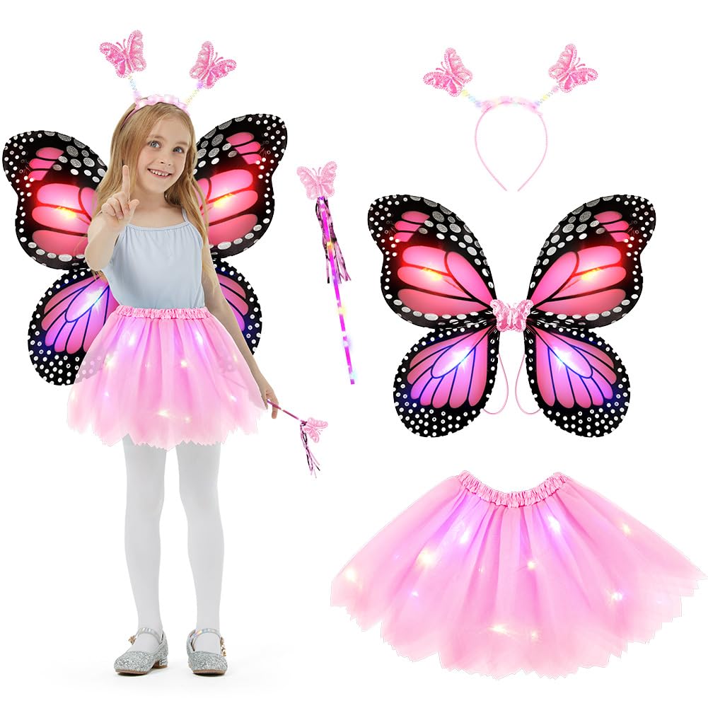 AYBUY Kids Light up Butterfly Wings Costume, Include LED Fairy Wings Tutu Magic Wand & Headband, Costume Butterfly Dress Up for Girls Fancy Dress Christmas Halloween Party Cosplay (Pink)