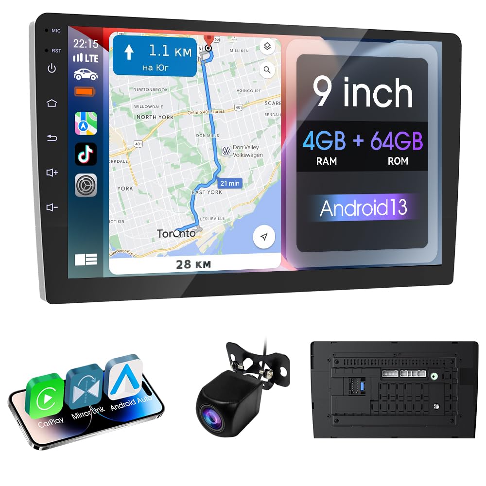 9" Wireless Double Din Car Stereo,Apple Carplay an Android Auto 8 cores Radio Screen,Support Mirror Link,Bluetooth 5.0,FM/AM,Aux Input Car Audio Receivers,2 Din Autoradio with Backup Camera