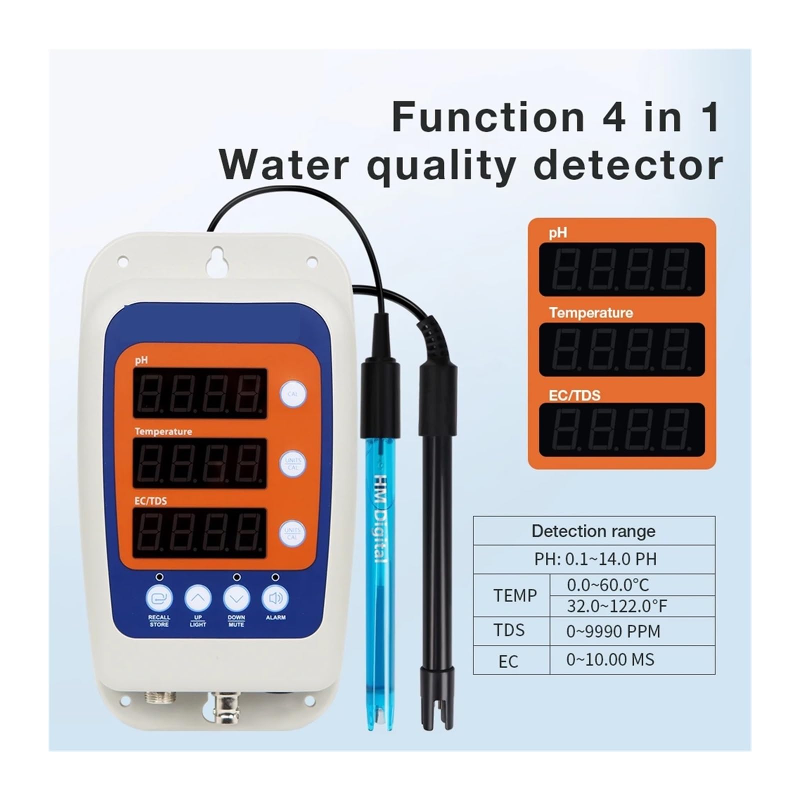 Testeur de qualité de l'eau 4 en 1, pH, température, EC, ORP, conductivité, détection hydroponique avec sonde à 2 électrodes -100
