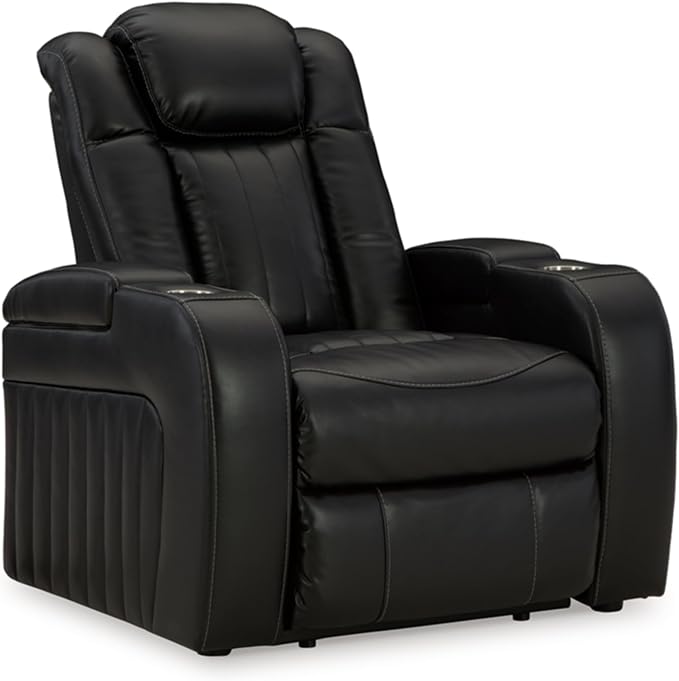Signature Design by Ashley Caveman Den Modern Faux Leather Wall Hugger Power Recliner with Adjustable Headrest, Storage, Wireless, USB Ports and LED Lights, Black