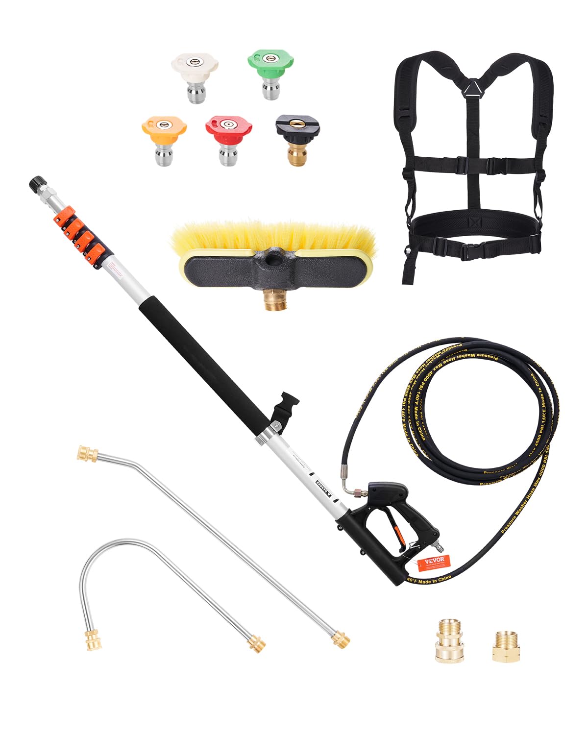 VEVOR Varilla Telescópica para Hidrolavadora, 4000 PSI, Limpiador de Canaletas, Cabezal de Cepillo, 5 Puntas de Boquilla Rociadora, Adaptador y Cinturón de Soporte Ajustable, 175 x 60 x 1393 mm