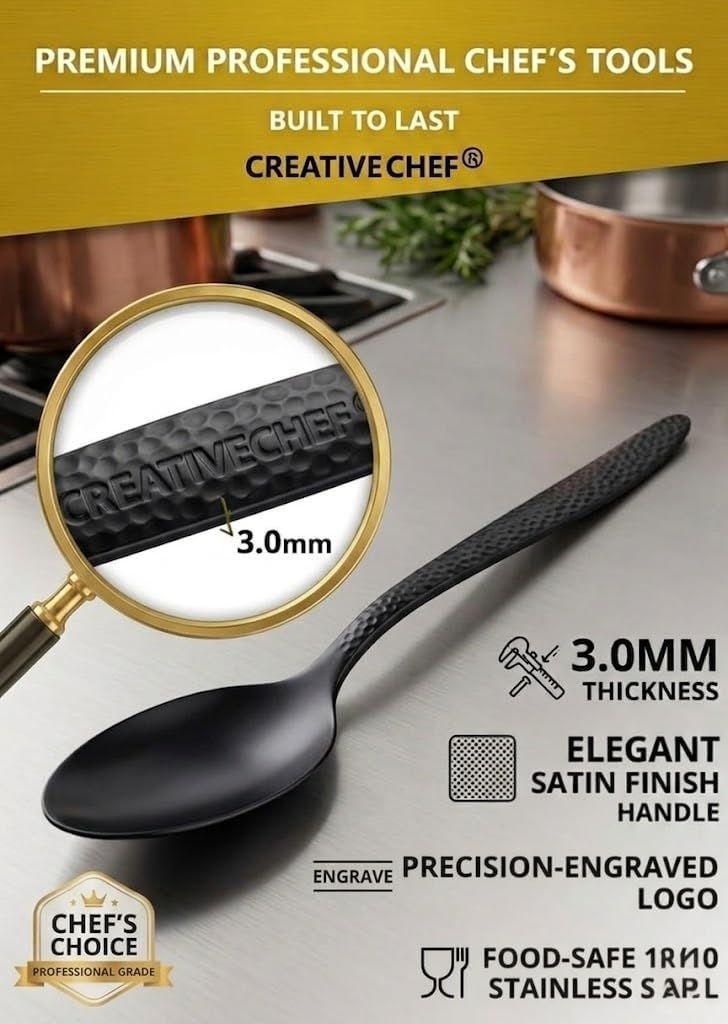 CREATIVECHEF 2-Pack 7.8-Zoll Edelstahl Kunz Löffel, Spiegel Polieren Löffel Set, Professionelle Koch Löffel Küchenbesteck Set für Home Küche Restaurant Rühren, Schöpfen und Mischen (Schwarz)