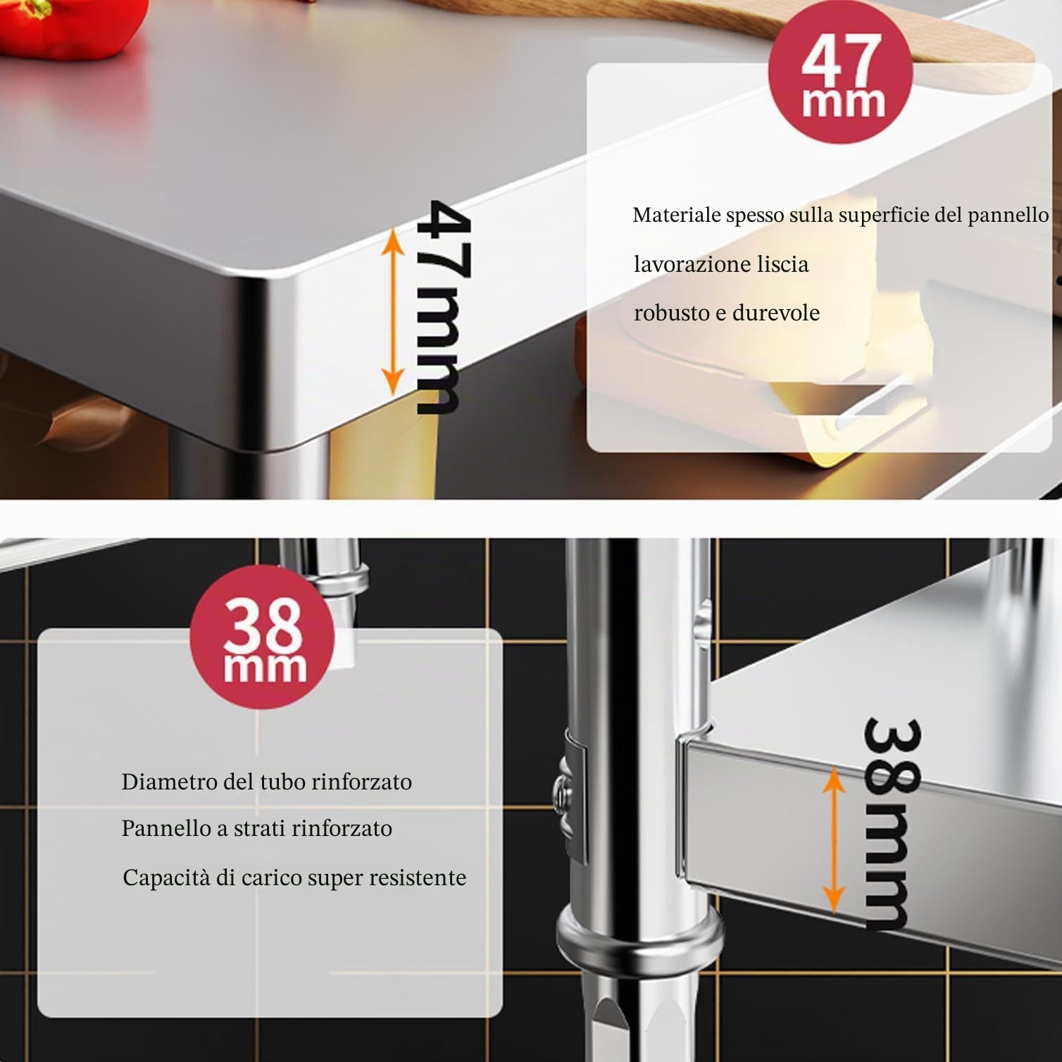 Tavolo in acciaio inossidabile Misorat, 80x40x80cm, per cucina, taglio, angolo rotondo, imballaggio, 200 kg di capacità di carico