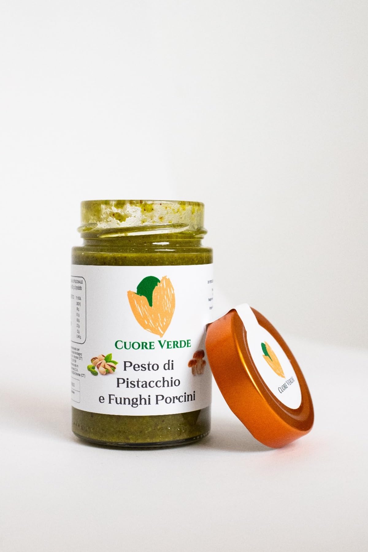 Corazón Verde - Pesto de pistachos y champiñones porcini - Ideal para pasta, pizza, sabrosas bruschetta o deliciosos segundos platos - SIN GLUTEN - Paquete de 4 unidades. desde 190gr. Caduno