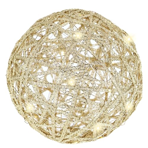 Leuchtkugel aus Draht & Polyesterband 20 cm LED Kugel Gold Warmweiß batteriebetrieben mit Timer dekorative Lichterkugel Weihnachtsdeko Festliche Beleuchtung Stimmungslicht Deko Hochzeitsdeko