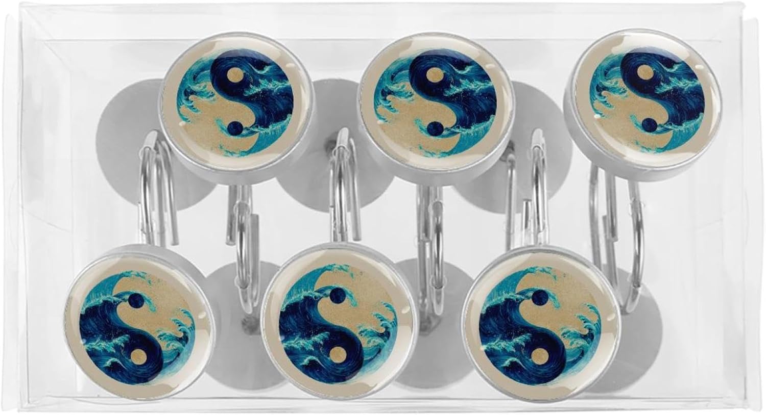 Swirling Waves (3) Round Crystal Glass Decorative Shower Curtain Hooks with 3D Pattern Visual, Rust Proof Shower Curtain Rings-12 Pack