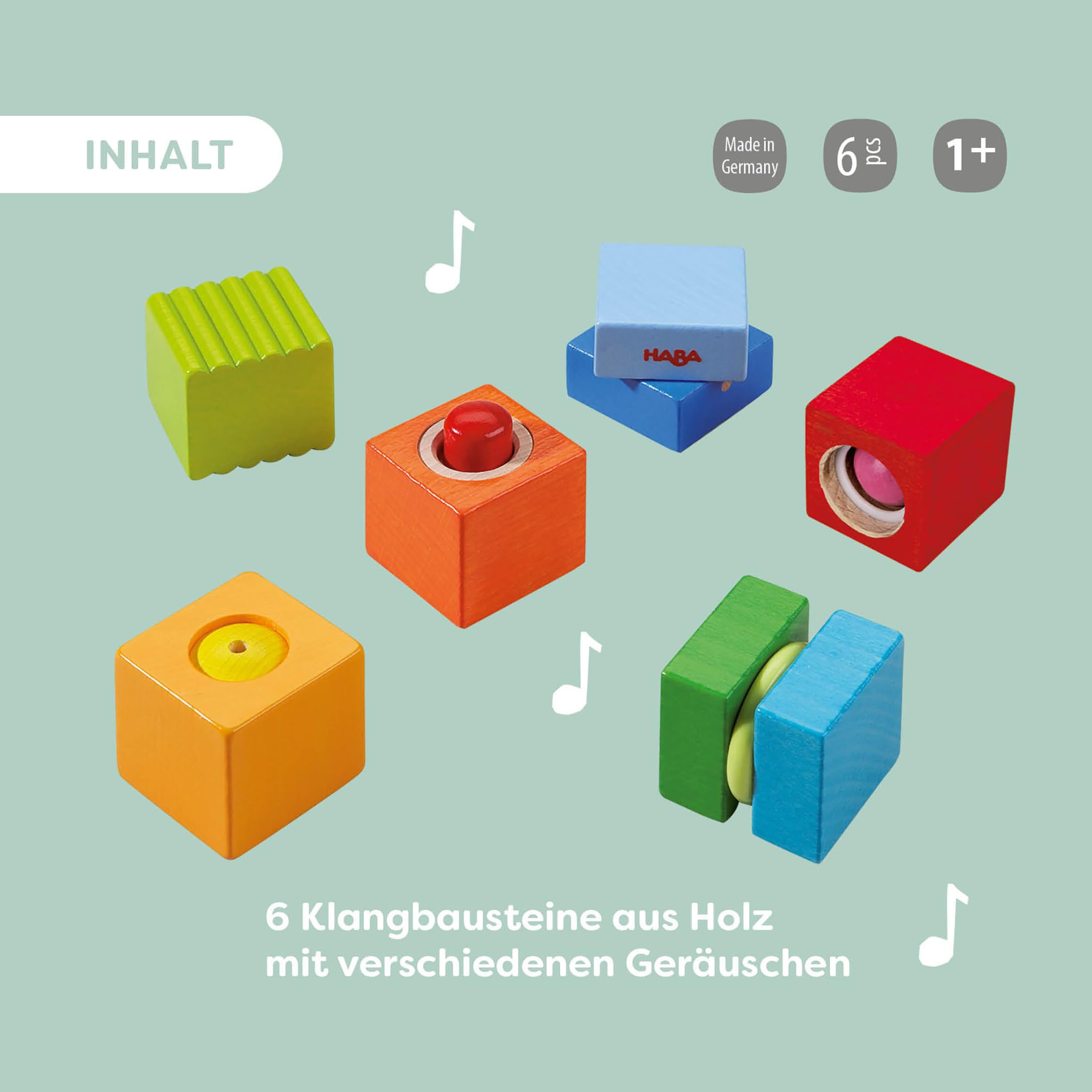 HABA Entdeckerbausteine Klangspaß – 6 Klangbausteine aus Holz für Baby & Kleinkind ab 1 Jahr, Musikspielzeug & Montessori Spielzeug zur Wahrnehmung ab 12M – 2014451001, Edition 2026