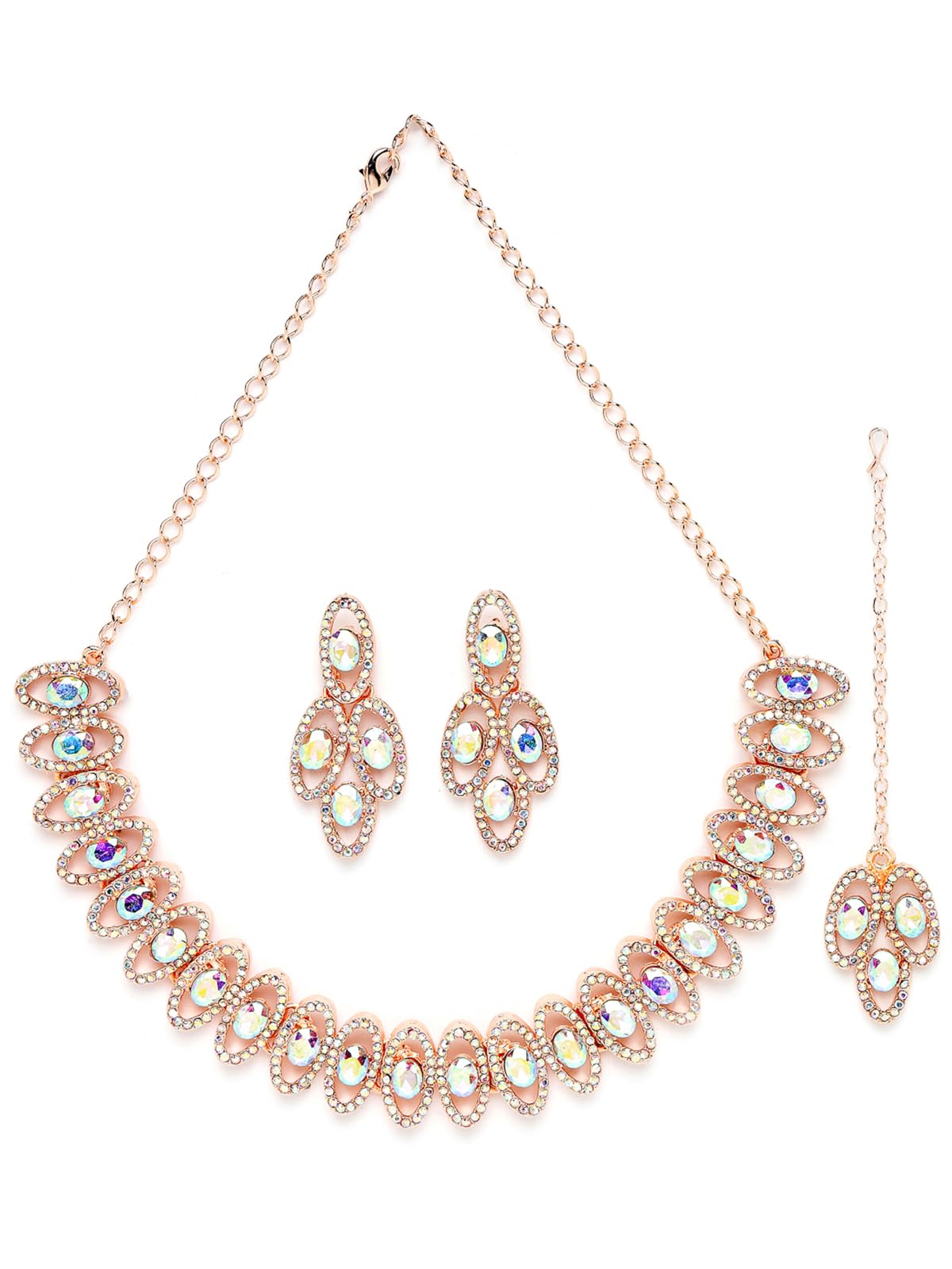 Sukkhi Lavish Rose Gold Plated Rainbow Stones Collar Bone Necklace Set With Earring And Maangtika | Jewellery Set For Women (NS104986) (B0CBBDJLFT) Amazon Price History, Amazon Price Tracker