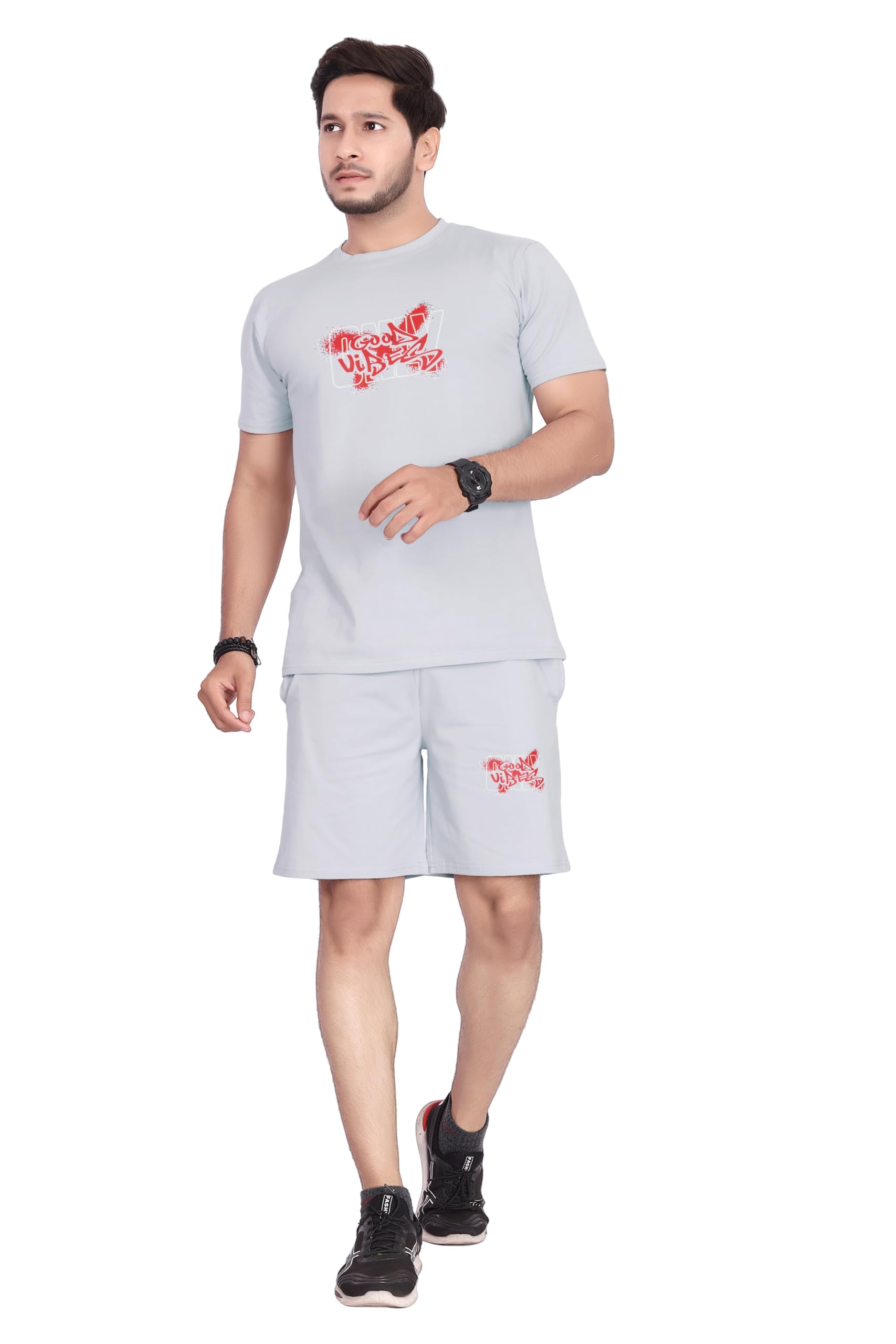 men's cotton printed t-shirt and short set with round neck half sleeves regular fit and short closure elasticated drawstring with both side pockets | night suit set