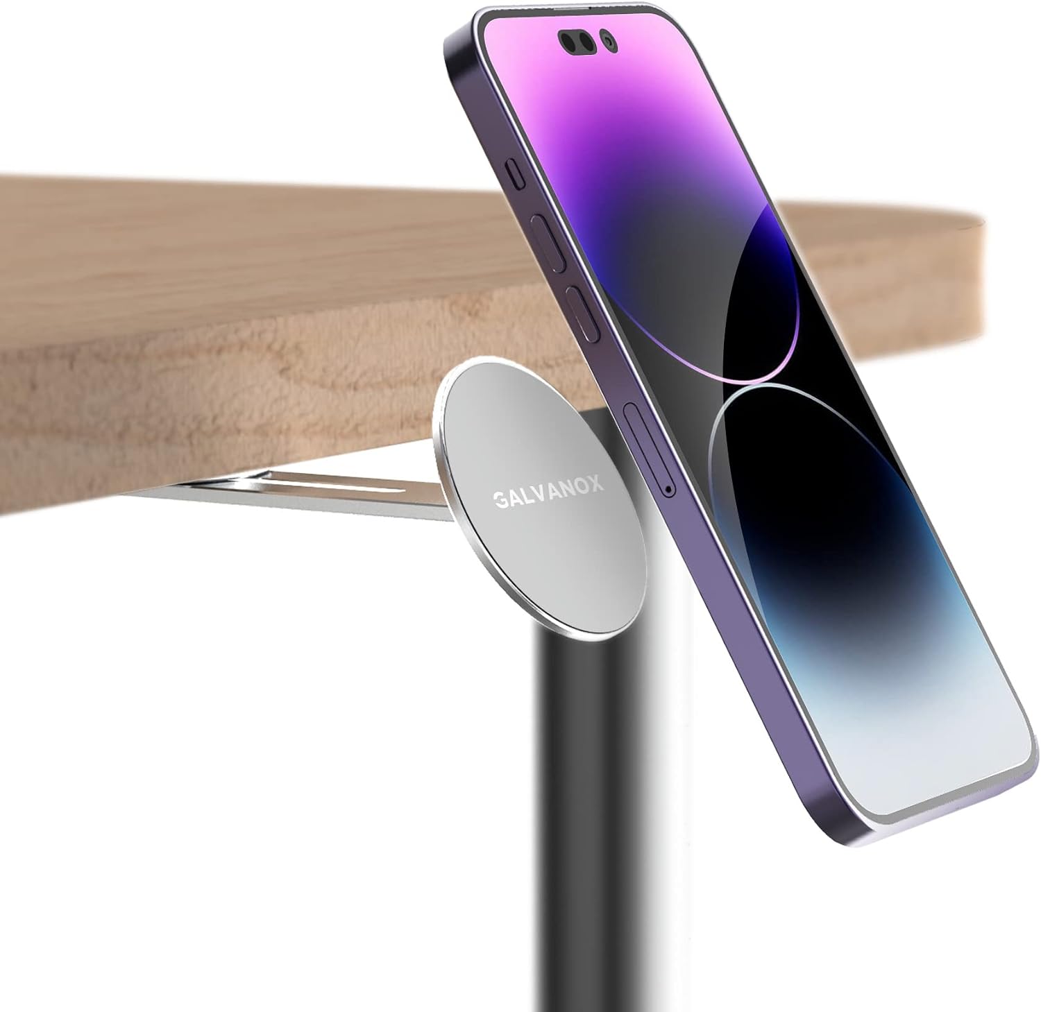 GALVANOX Magnetic Phone Holder, Fold-Away Swivel Stand Compatible with MagSafe for iPhone 12,13,14,15, 16 Pro Max | Bedroom Nightstand, Desk, Kitchen and More (Low Profile Sidemount/Under-Mount)