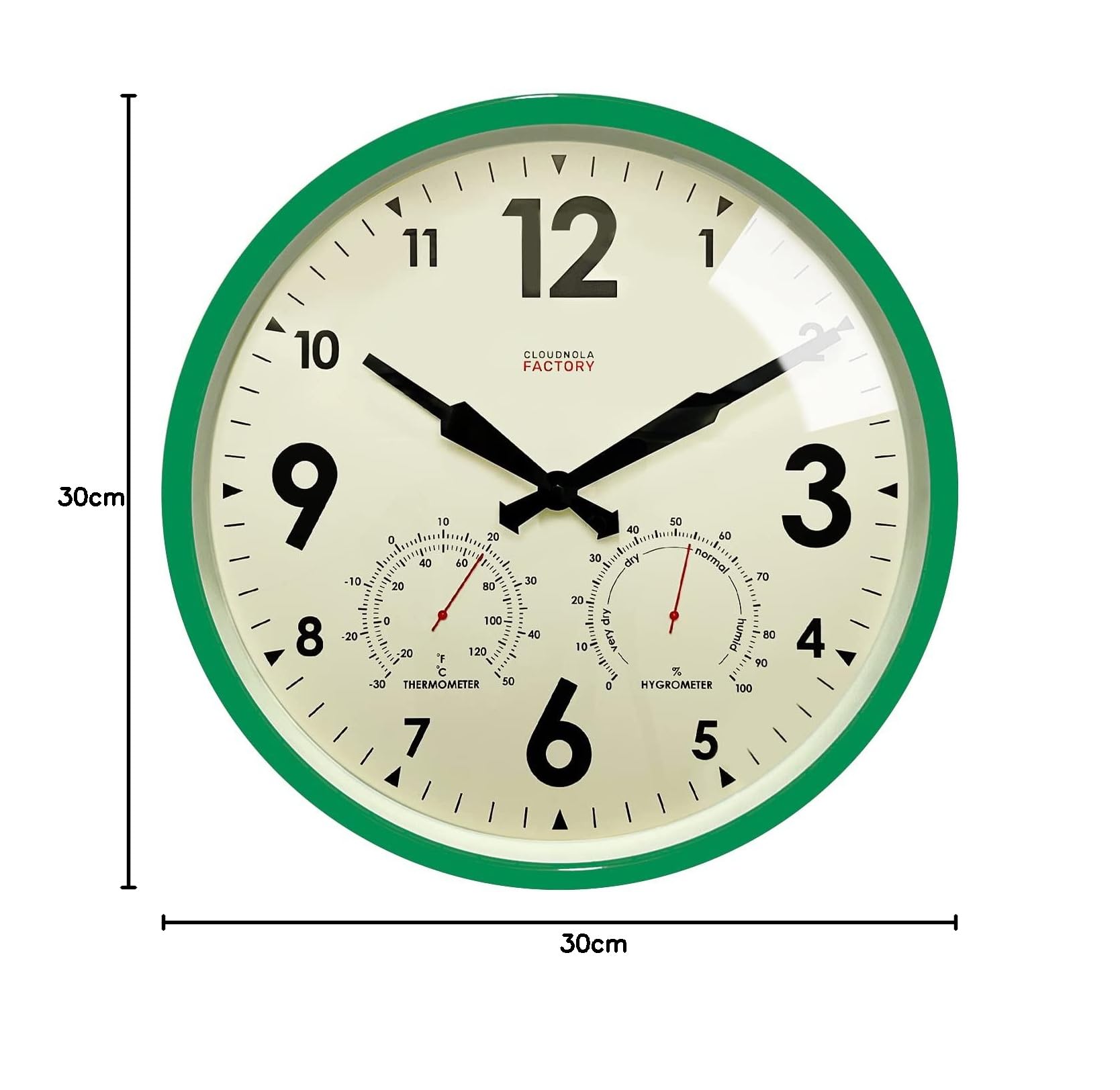 Cloudnola Horloge Murale en métal étanche avec thermomètre et hygromètre, Vert, 30,5 cm, silencieuse, sans tic-tac, Fonctionne à Piles, Horloge Ronde à Quartz pour terrasse et décoration d'intérieur