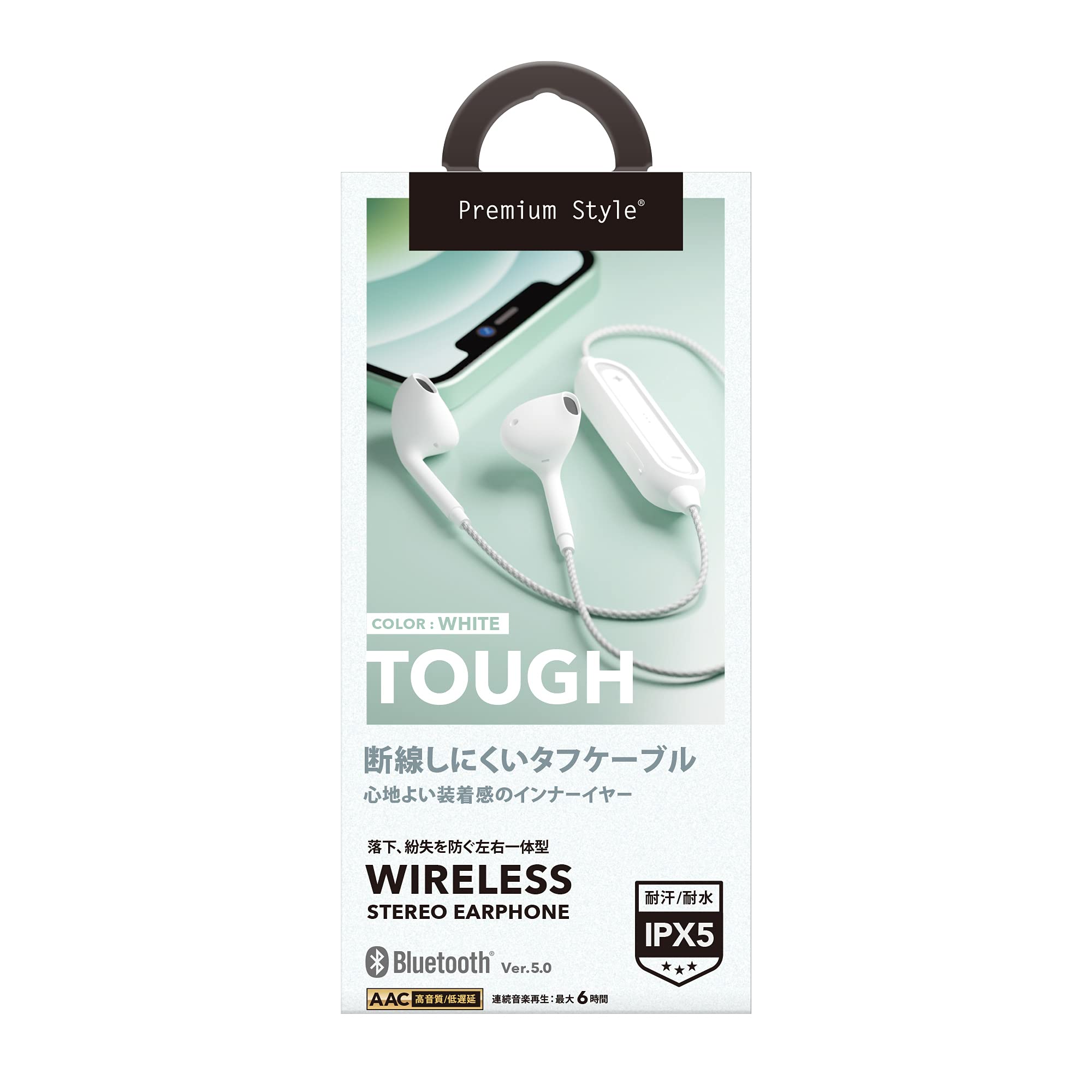 Premium Style Bluetooth 5.0搭載 ワイヤレスステレオイヤホン タフケーブル インナーイヤータイプ ホワイト PG-BTE12TC2WH