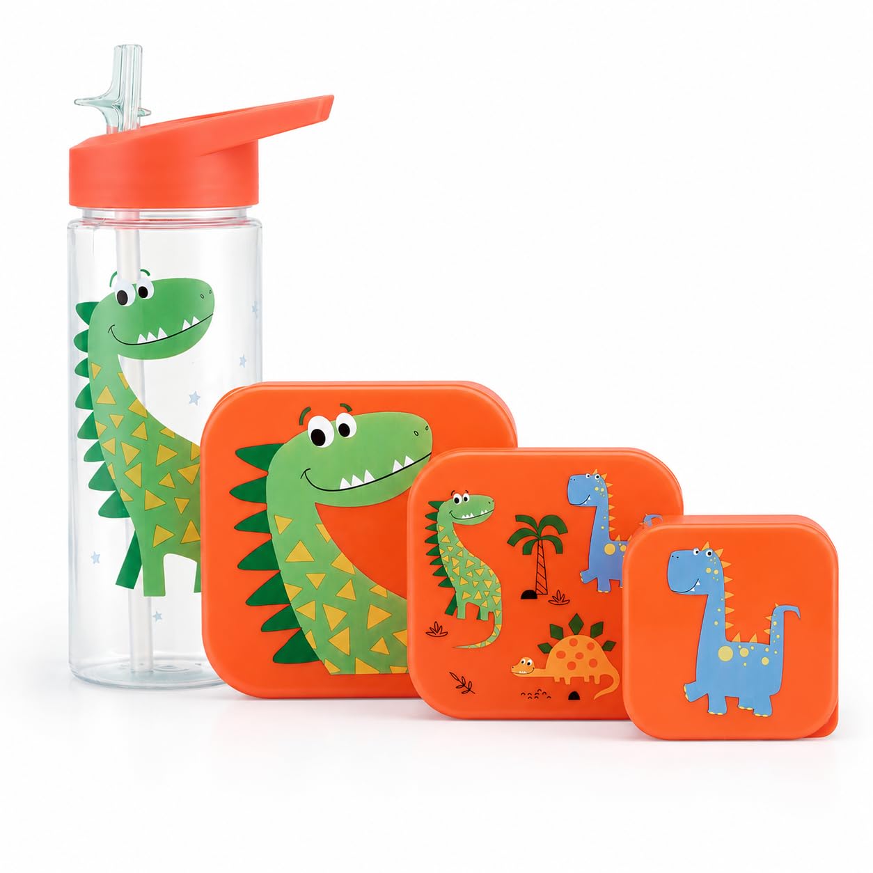 Nesting Snack Boxes, Set of 3 Including Straw Sipper, Tiny to Tots Kids Set, Back to School, Lunch Box with Multi Compartments, Snack Storage (Bright Dino Straw Sipper 500ml & Nested Boxes)