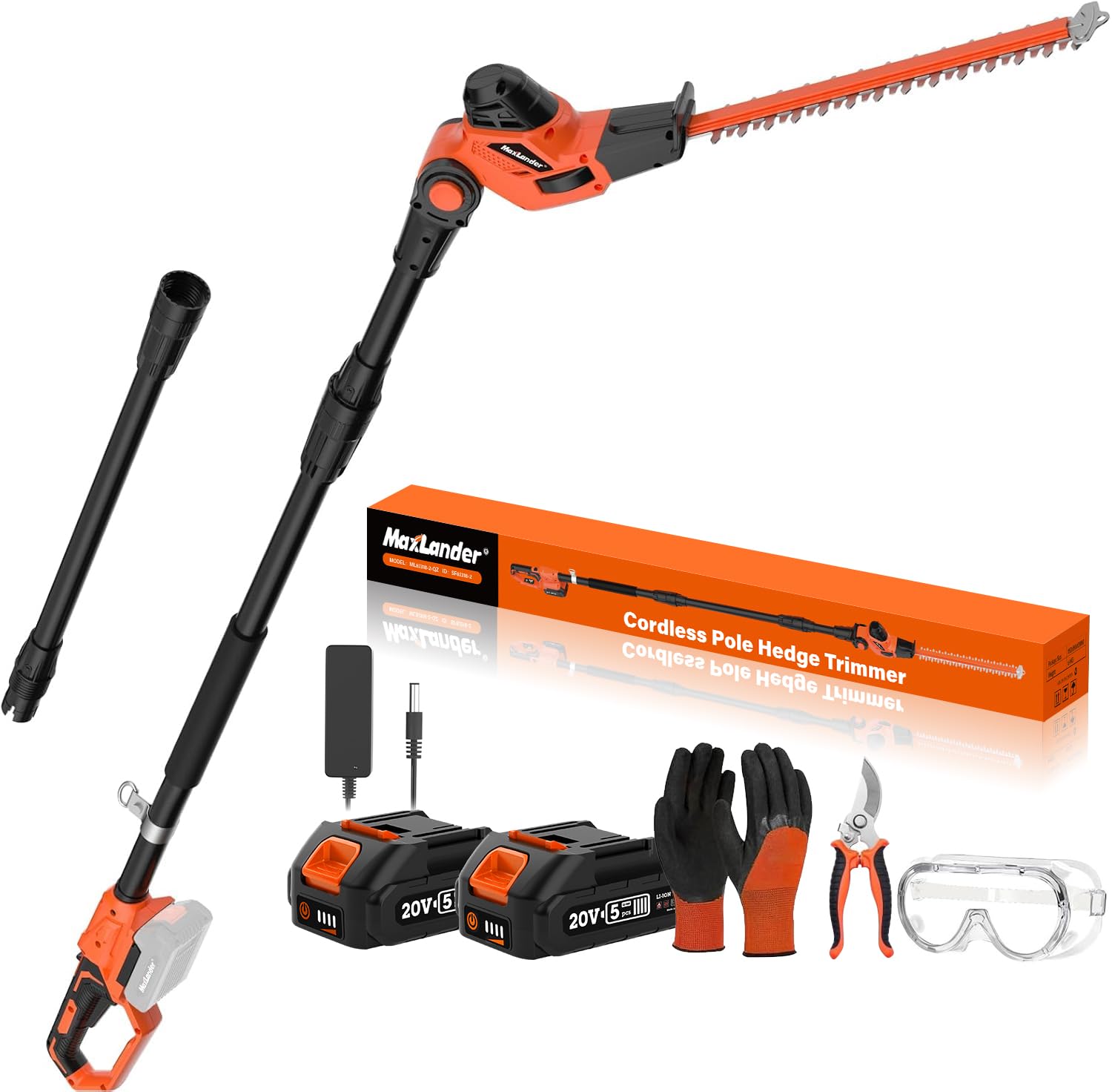 Hedge Trimmer 18-Inch Cordless Pole Hedge Trimmer, 16-Feet Max Reach Hedge Trimmer with Extension Pole, Multi-Angle Adjustable, 2 x 2.0Ah Battery and Charger Included