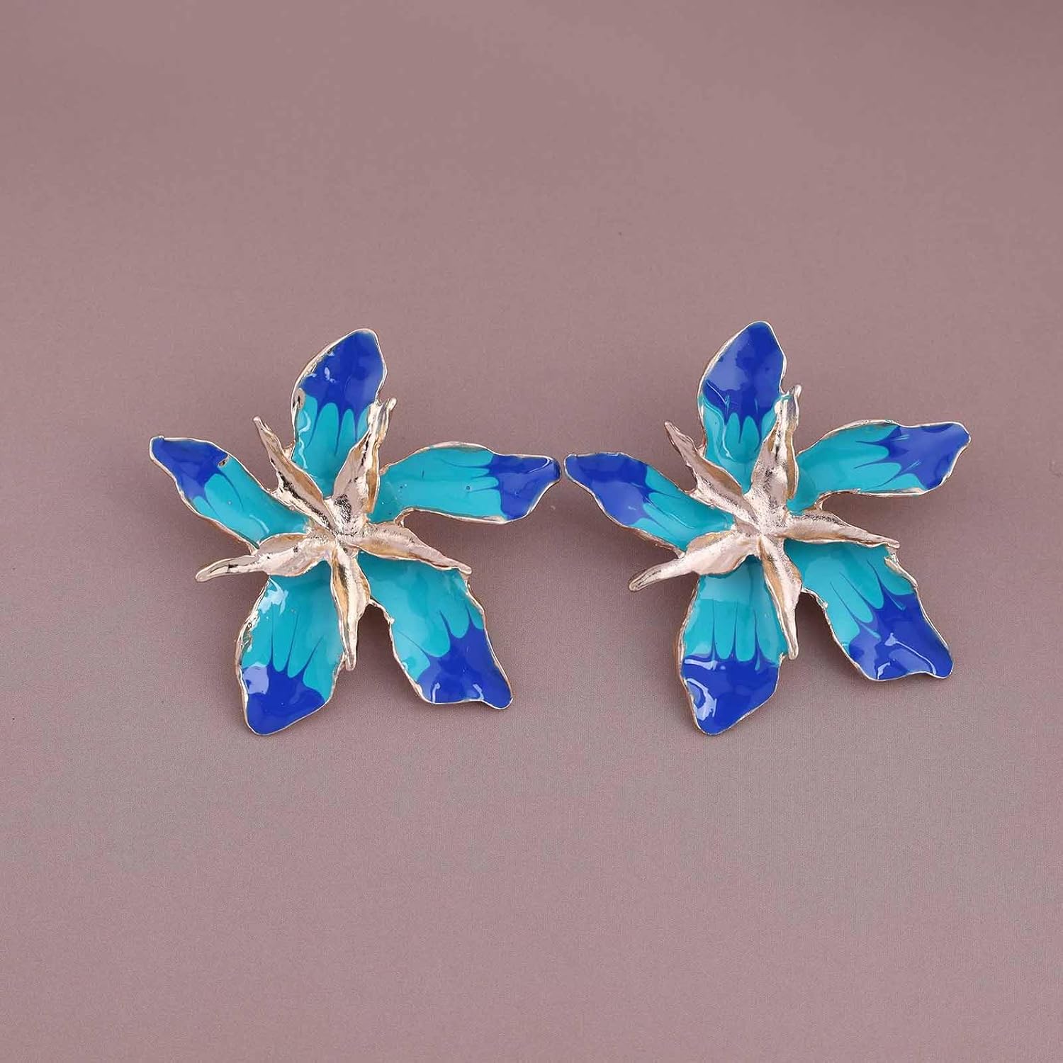 Bohemian Enamel Flower Stud Earrings Blue Enamel Flower Petal Earrings Large Metal Flower Earrings Exaggerated Flower Earrings Jewelry for Women Gifts - Image 5