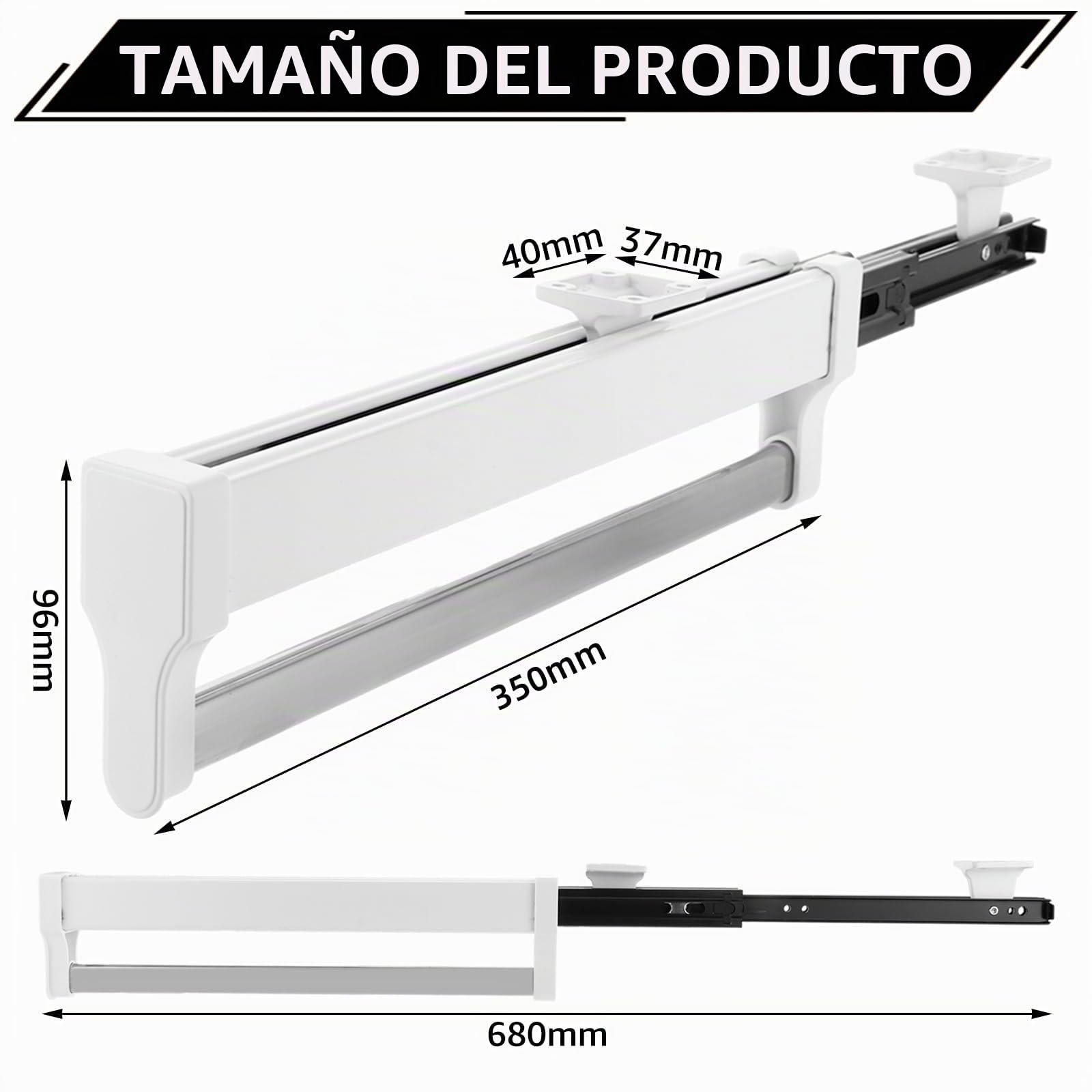 2 Piezas Blanco Barra Armario Extensible con 2 rieles deslizantes 35-68cm Pantalonero Extraible Para Armario de Acero Laminado en Frio Barra Extensible Armario, Soporta Hasta 25 kg