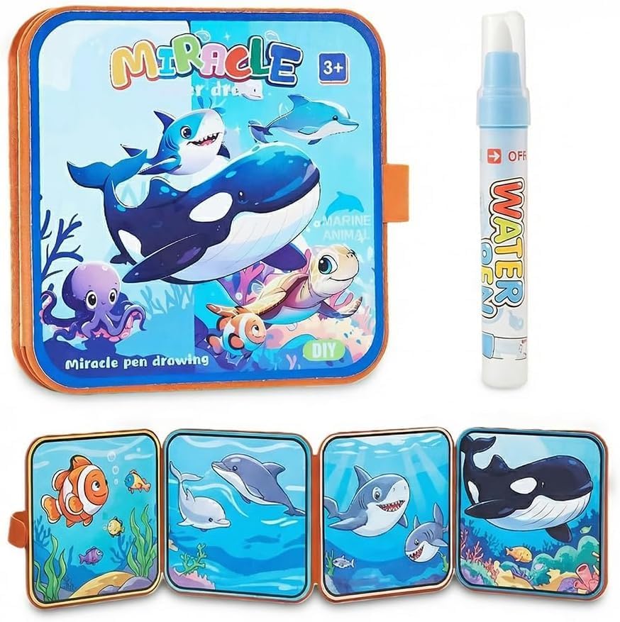 Ocean Water Coloring Book Toy for Toddler–Reusable Water Painting Book with Water Pen,Mess Free Coloring Magic Water Book for Kids,Preschool Educational Drawing Travel Toys for Boy/Girl Age 3+