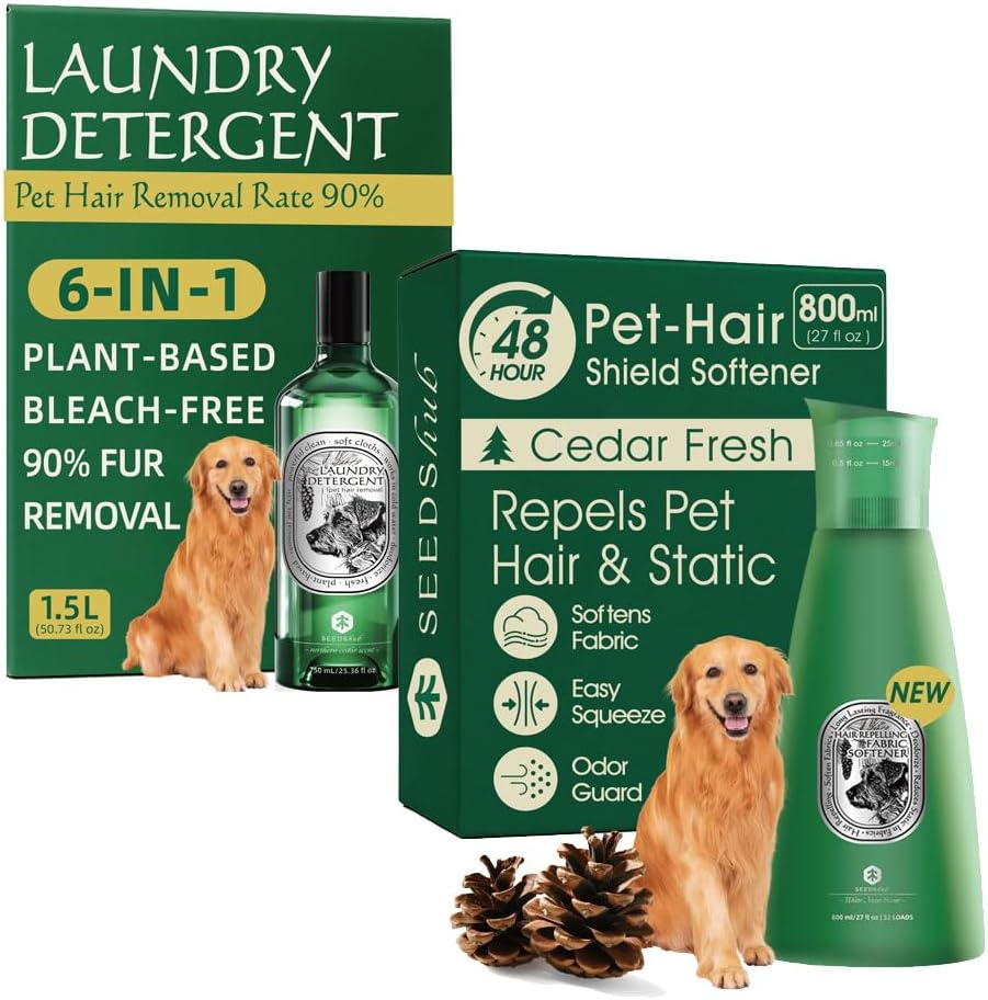 Pet Hair Removal Laundry – 6-in-1 Dog & Cat Detergent + Liquid Fabric Softener, Cedar Scent, 90% Fur Removal, Plant-Based, HE Compatible