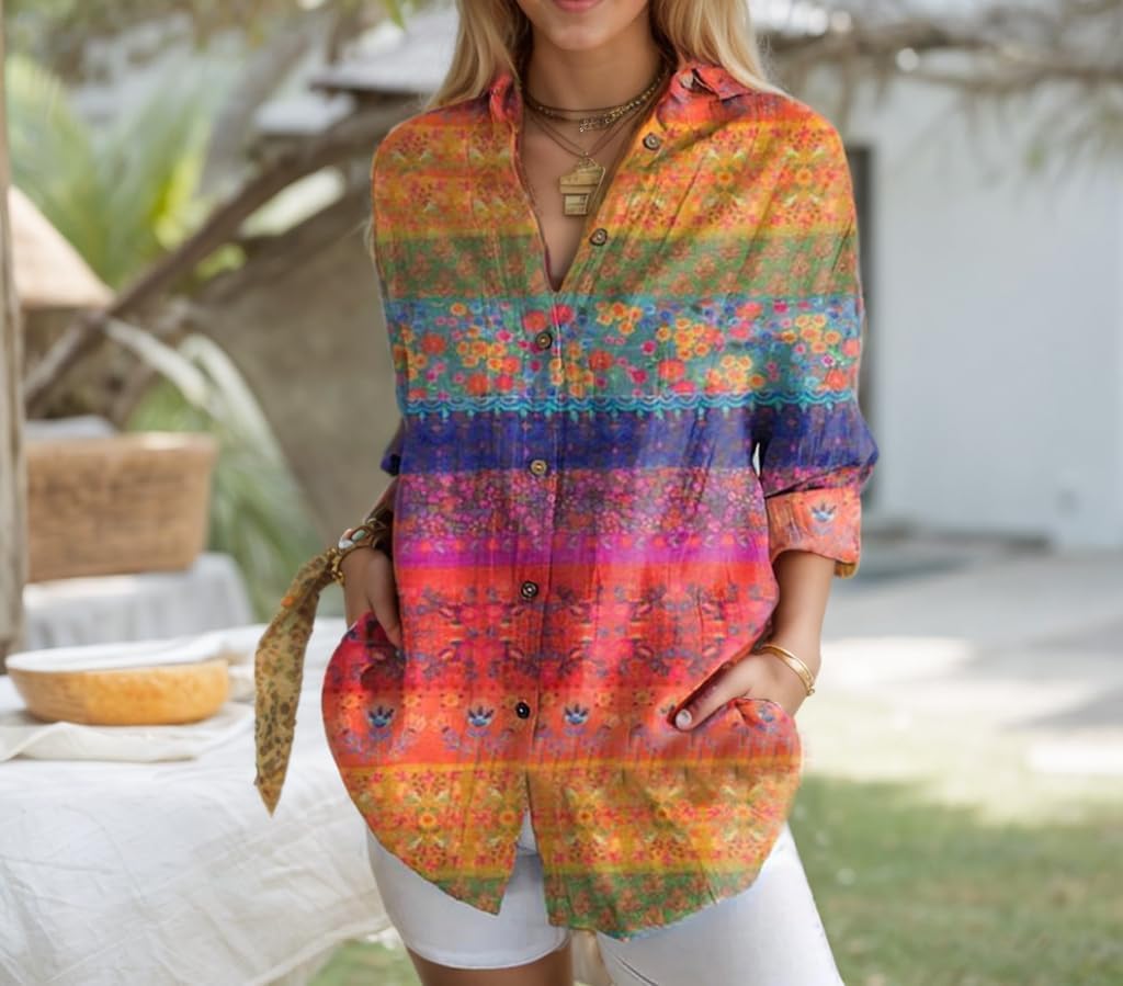 Women’s Colorful Floral Print Button Down Blouses Casual Loose Long Sleeve V Neck High Low Hem Shirts Tops - Image 2