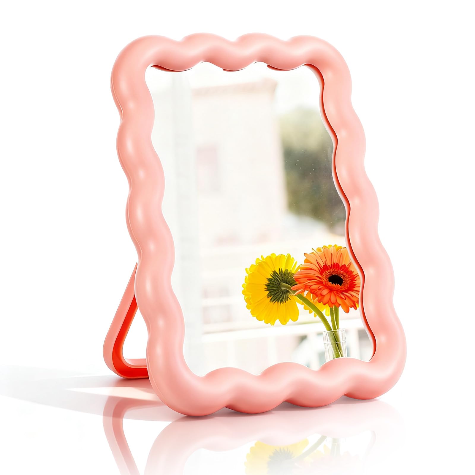 Abeillo Wave Shaped Pink Mirror for Desk, Vanity Makeup Mirror for Women Girls, Portable Folding Table Mirrors for Standing Hanging Room Decor Home Decoration (6.7X5.3 Inch)