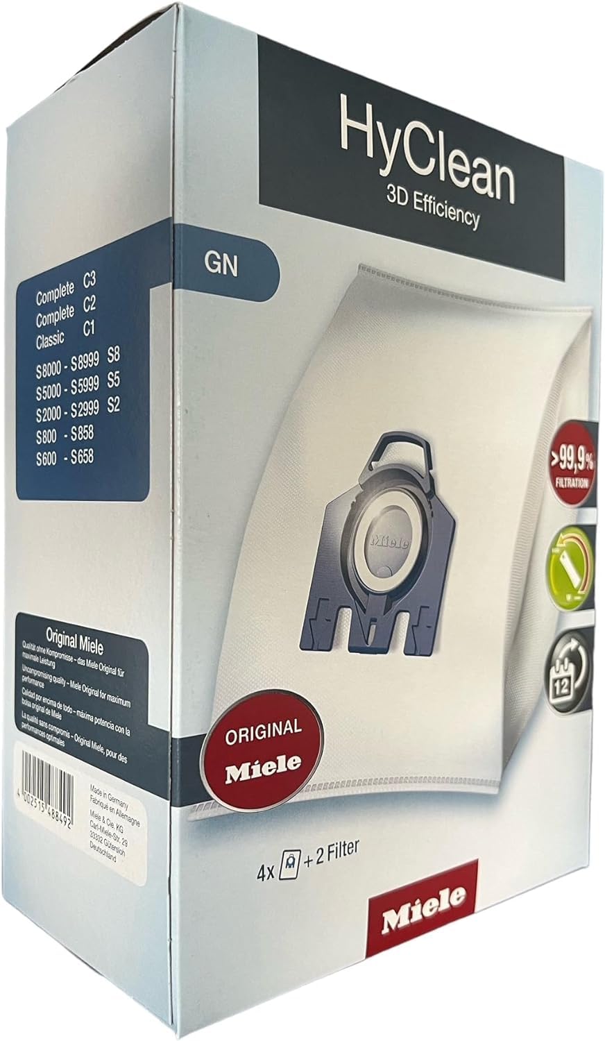 12 sacchetti per aspirapolvere Miele Hyclean 3D GN per Miele Classic C1 Complete C2 C3, S2, S5, S8, S400 S600 S800 Serie Efficienza sacchetti inclusi 6 filtri di scarico e 6 filtri