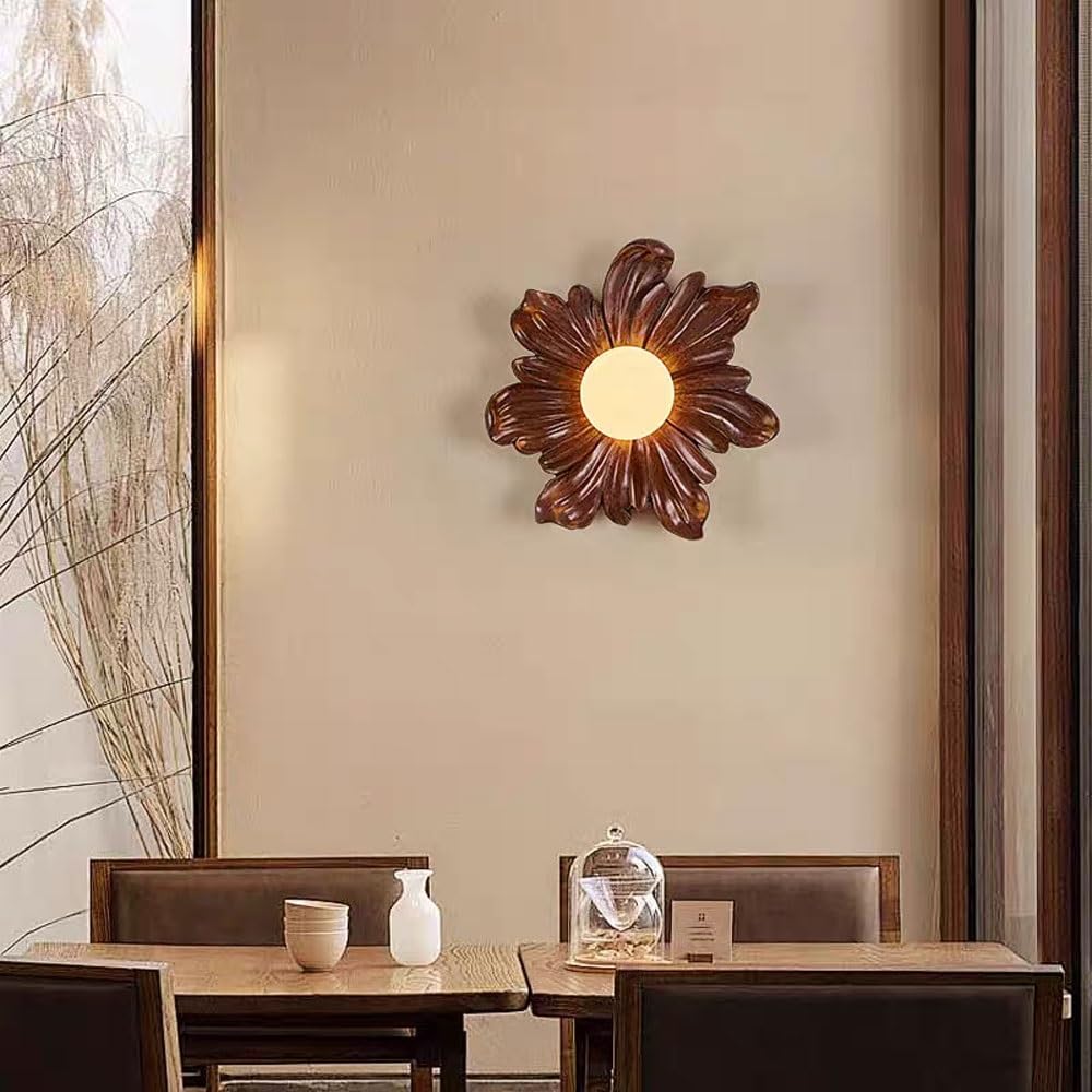 Lámpara de girasol1 luz decoración artística aplique de pared floral de resina con pantalla esférica de acrílico blanco, casquillo G4 | Lámpara de pared rústica for sala de estar, pasillo(Walnut)