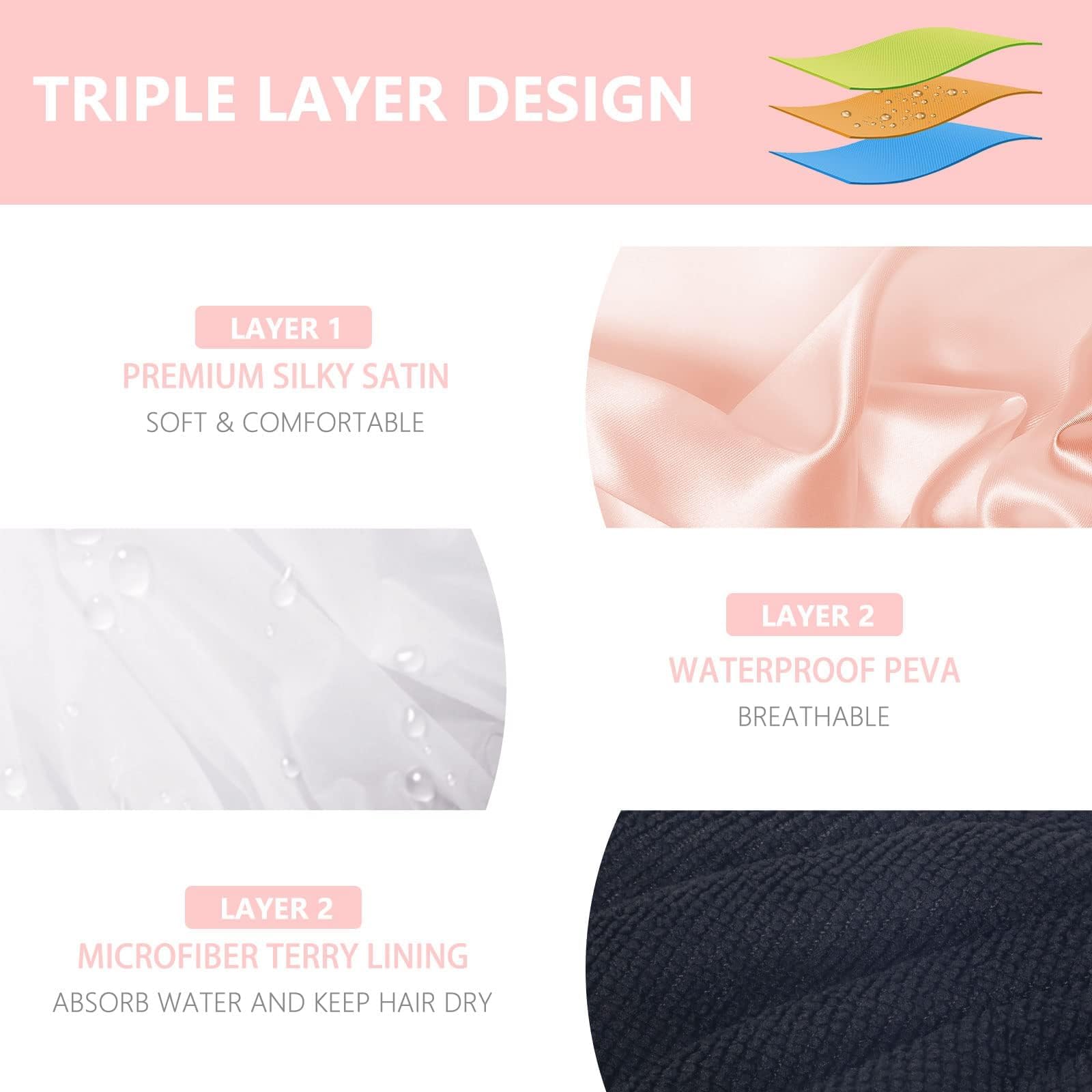 Aquior Shower Cap, Shower Cap for Women Reusable, Three-Layer, Waterproof, Silky Satin Outer Layer, Terry Cloth Lining - Image 3