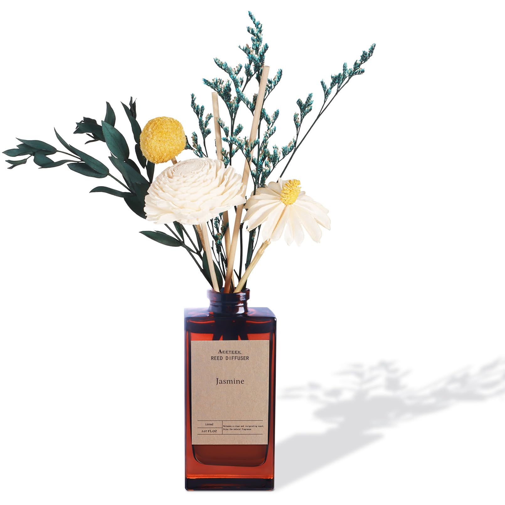 Reed Diffuser Set - Jasmine & Orange Blossom Essential Oil, 5.07oz/150ml Floral Aroma Oils Scents with Dry Flower Decoration, Home Fragrance for Large Room Bathroom Office Shelf Decor