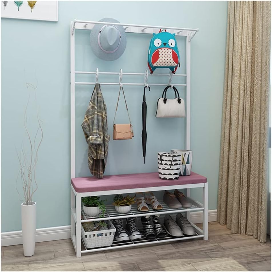 GXXINGIN Perchero de Entrada con Zapatero, Perchero Organizador para Zapatos con Soporte Resistente para Perchero, Zapatero de 2 Niveles y Zapatero de Almacenamiento con 14 Ganchos (Blanco + Rosa 60